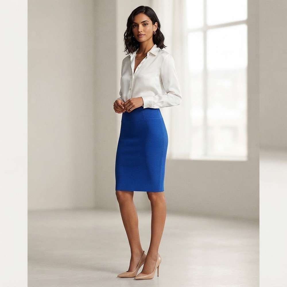 Express Body Contour Blue Ribbed Knit Pencil Midi Skirt M NWT
